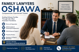 Family lawyers in Oshawa consulting with a couple in a professional law office. The image highlights family law services including divorce, separation, child custody, child and spousal support, property division, and mediation. A lawyer reviews legal documents while meeting with clients, representing trusted family law guidance for families in Oshawa and Durham Region.