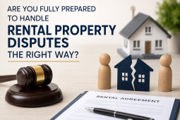 Professional legal-themed illustration featuring a judge’s gavel, rental agreement, house model, and landlord-tenant figures, representing rental property disputes, lease agreements, and legal guidance for landlords and tenants.