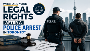 Police officer arresting a suspect in front of the Toronto skyline with legal books, a judge's gavel, and a checklist illustrating legal rights after a police arrest in Toronto, representing guidance from a Criminal Lawyer Toronto.