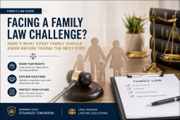 Professional family law blog banner featuring the headline “Facing a Family Law Challenge?” with supporting text about guidance before taking the next step. The design shows legal-themed elements including a gavel, justice scales, law books, and a family silhouette representing parents and children. The layout is clean and modern with navy and gold accents, highlighting key points like knowing your rights, exploring solutions, and protecting your future.