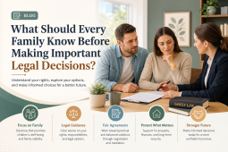 Family lawyer consulting with a couple about family legal decisions, parenting responsibilities, and separation planning in a modern professional office.