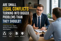 Professional lawyer consulting with two clients in a modern office, discussing civil dispute resolution and legal guidance for resolving everyday legal conflicts.