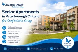Modern exterior of Kawartha Heights senior apartments featuring a welcoming entryway, green lawn, and parking loop.